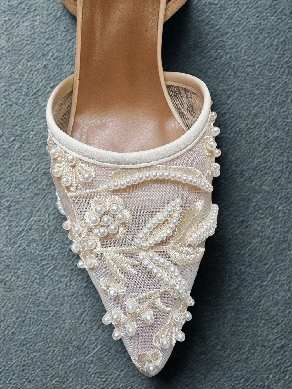 Embroidered Pearl Bridal Kitten Heel Ivory Size 8